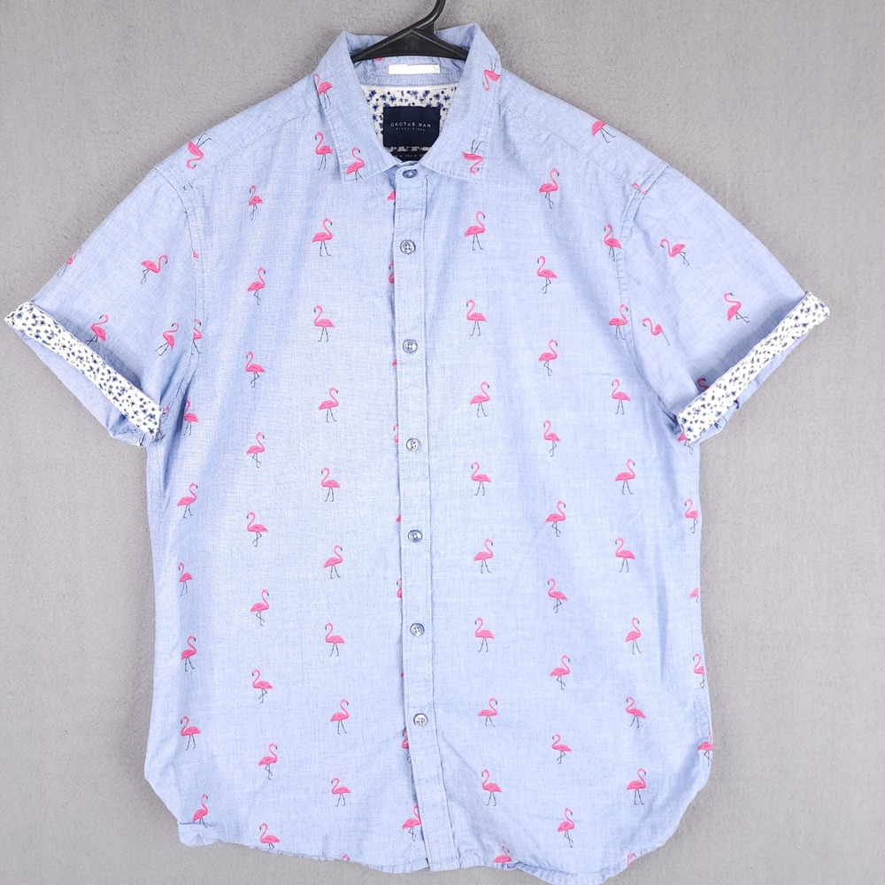 Cactus Man Button Down Shirt‎ Mens Medium Blue Flamingo Tropical Short Sleeve M